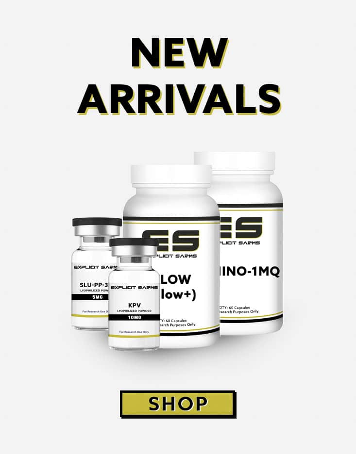 Sarms supplement bottles for muscle building and research, showcasing new arrivals at Explicit Sarms website.; Bodybuilding supplements labeled for research purposes, focused on SARMs products from Explicit Sarms.; High-quality SARMs research supplements from Explicit Sarms, including powders like KPV, LOW, and SLU-PP-3, designed for athletic performance enhancement.
